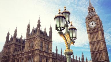 Houses of parliament, a street lantern and Big Ben in London against the blue sky