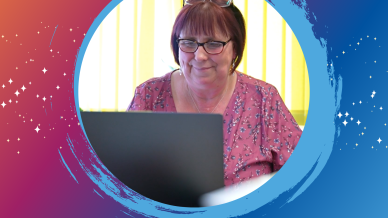 Award winner Jackie Butterworth facing her laptop surrounded by a purple and pink graphic captioned with the Festival of Learning logo