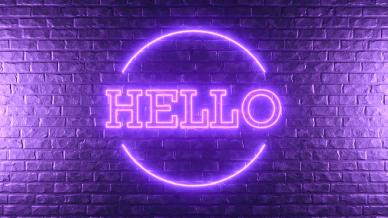 The word 'hello' in neon lights with a purple tinge