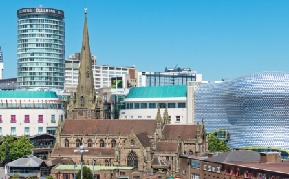 A photograph of the Birmingham cityscape.