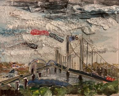 A piece of student artwork depicting the Tamar Bridge