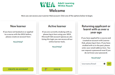 Screenshot showing the Learner Hub homepage