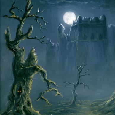 Illustration of a gothic castle, full moon and tree