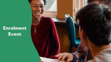 Smiling woman in red shirt talking with two people; text on green background reads "Enrolment Event." Warm, welcoming classroom setting.