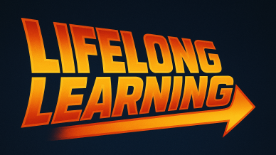 An image saying 'lifelong learning' in the style of the Back to the Future logo