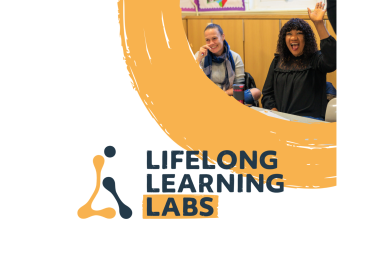 The Lifelong Learning Labs logo alongside two WEA learners in a classroom, one with their hand raised