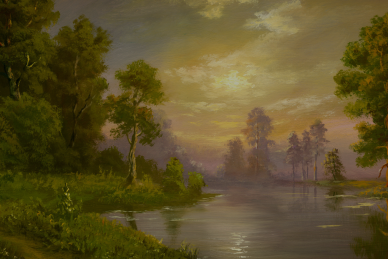 An example of impressionists artwork: trees and a lake